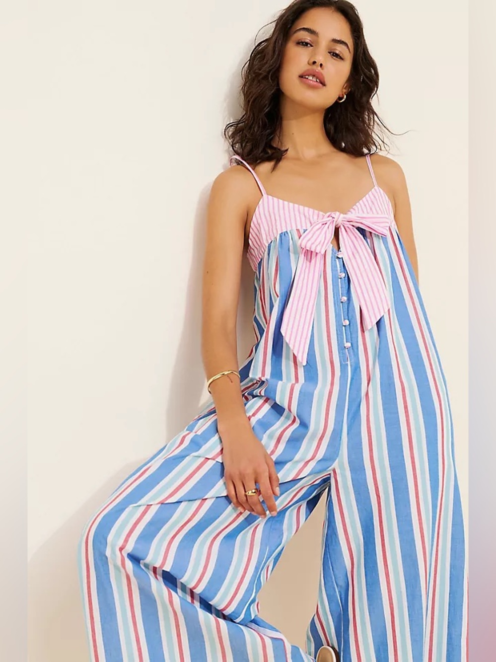 Anthropologie- Celandine Pinstripe Bow Wide-Leg Jumpsuit